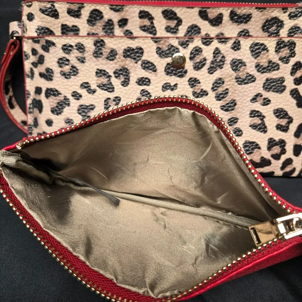 Chicos Leopard Print Wristlet Wallet Set Faux Leather Red Trim Two Piece Clutch